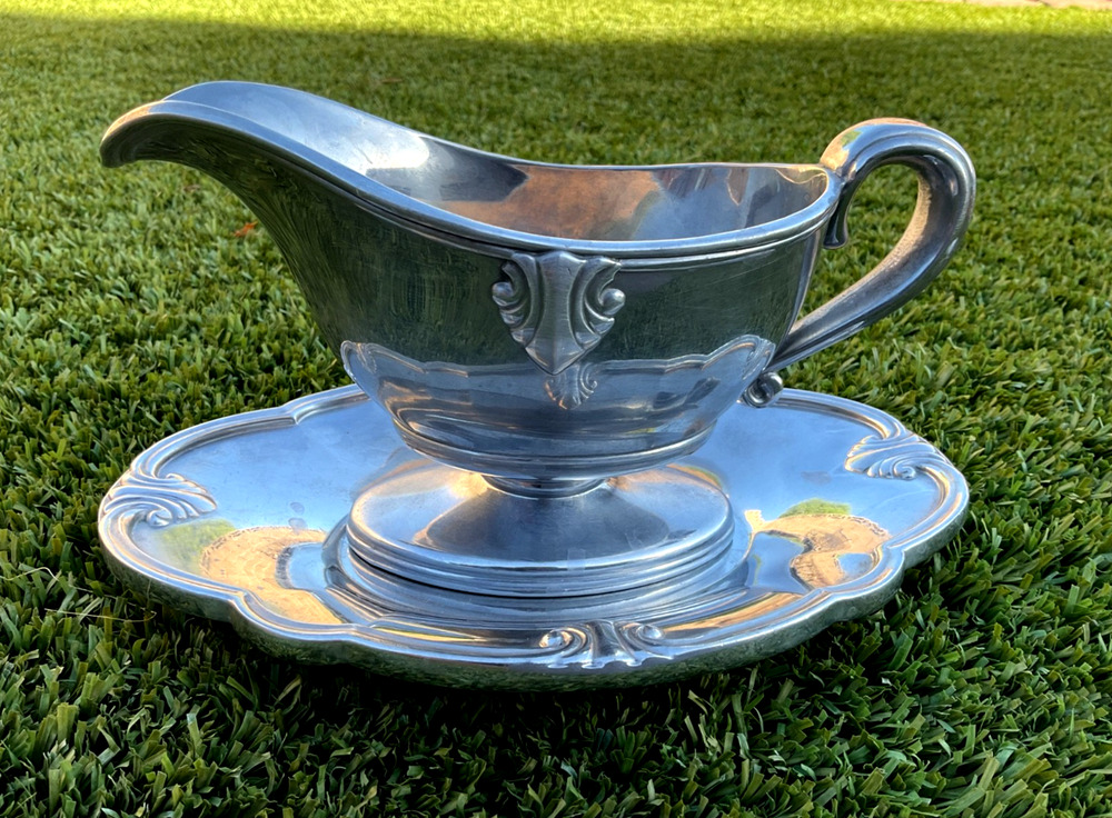 Lenox Butler Pantry Metal Gravy Boat Attached Tray Vintage Holiday Serving Piece